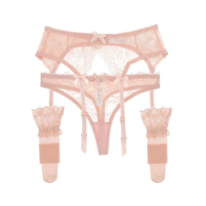 Floral Lacy Y-Split Garter, Panty And Stockings Set