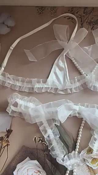 Haute Pearl Mesh Crotchless Lingerie Set
