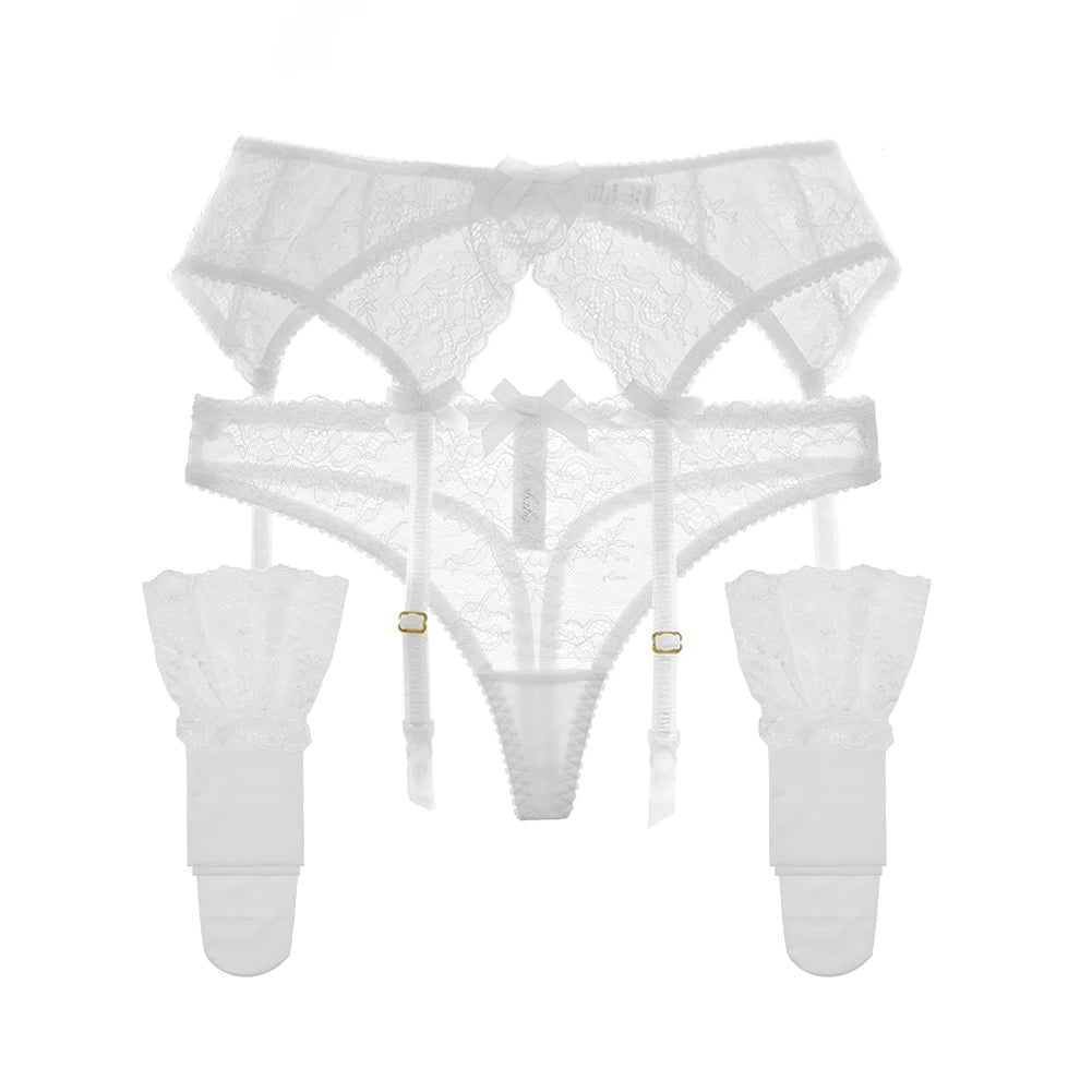 Floral Lacy Y-Split Garter, Panty And Stockings Set