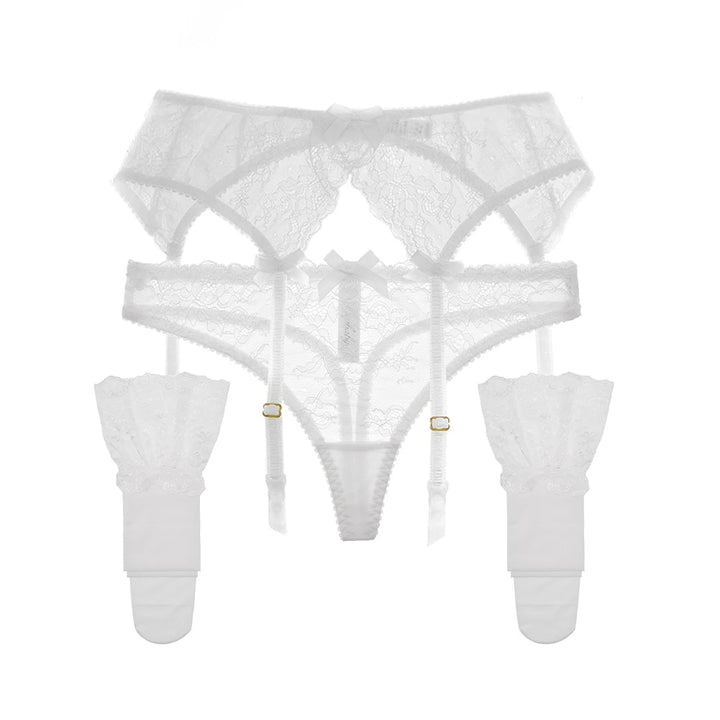 Floral Lacy Y-Split Garter, Panty And Stockings Set