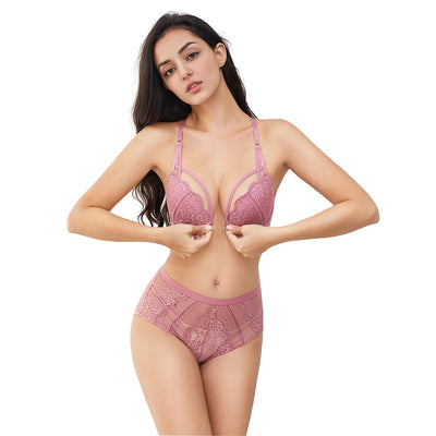 Floral Lace Back With Y-Line Straps And Eyelash Front Clasp Bra And Panty Set
