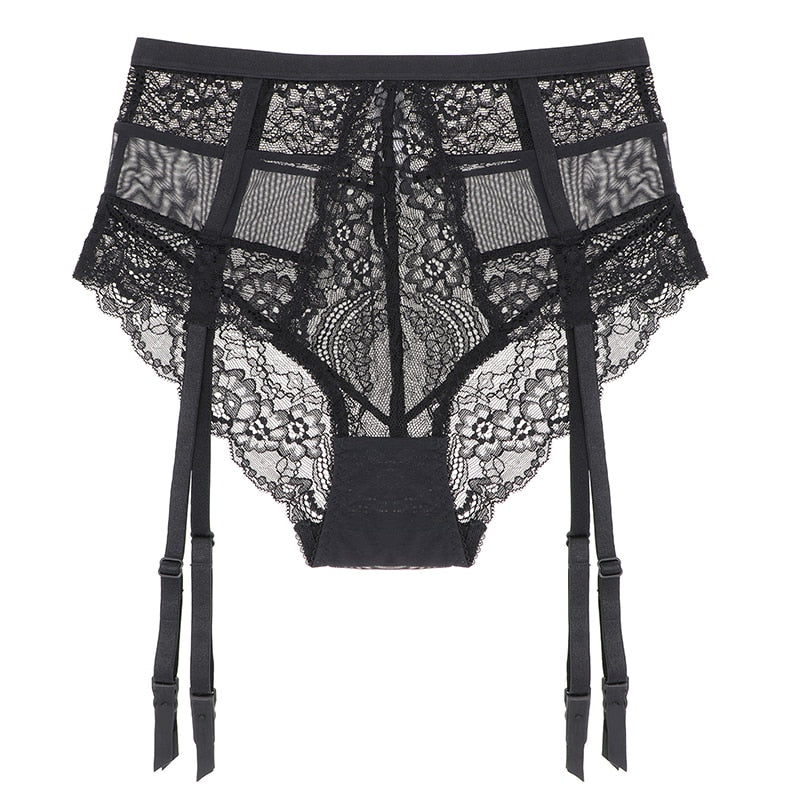 Retro Y-lined Floral Lace Brassiere with High Waist Panties+ Garters and Stockings
