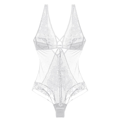 Translucent Wire Free Bodysuit with Lacy Floral Crotch Opening