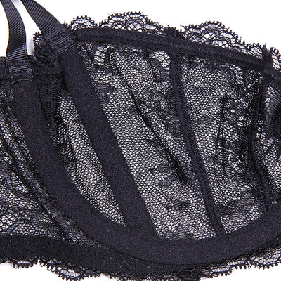 Translucent Lace Ribbon Design Half Cup Bra & Thong Set