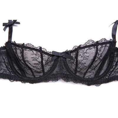 Translucent Lace Ribbon Design Lingerie 5pc Set With Sexy Lace Half Cup Bra + Garters + Panties + Thongs + Stockings