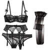 Translucent Lace Ribbon Design Lingerie 5pc Set With Sexy Lace Half Cup Bra + Garters + Panties + Thongs + Stockings