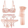 Translucent Lace Ribbon Design Lingerie 5pc Set With Sexy Lace Half Cup Bra + Garters + Panties + Thongs + Stockings