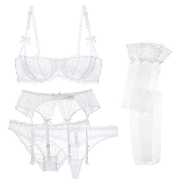 Translucent Lace Ribbon Design Lingerie 5pc Set With Sexy Lace Half Cup Bra + Garters + Panties + Thongs + Stockings