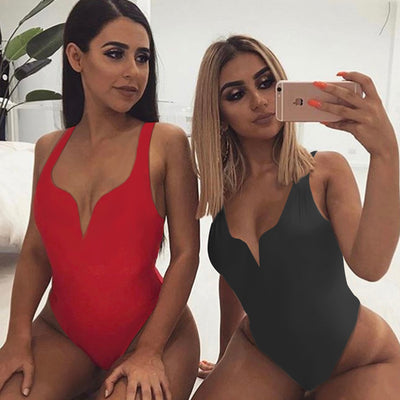 Deep-V Wide Bust Cut Camisole Style Bodysuit With Crotch Opening