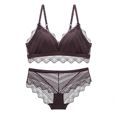 Deep-V Wire free Bra With Seamless Lace Translucent Panties