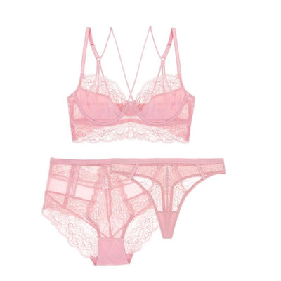 Lovely Floral Lace 3/4 Cup Bra + High Waist Panties + Thong 3Pc Set