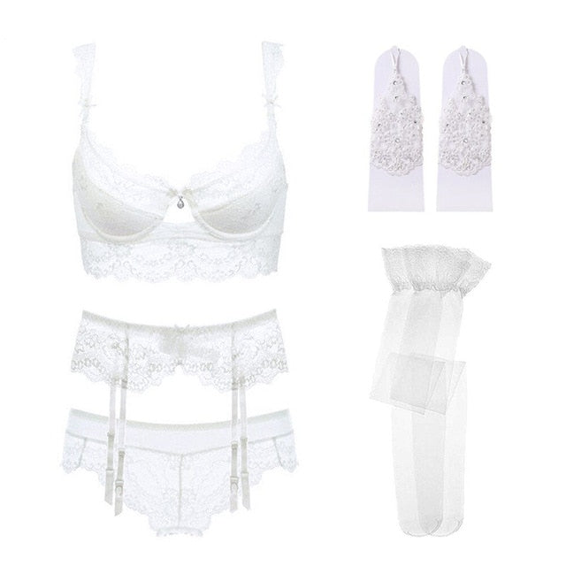 Dainty Full Lace Lingerie Set With Sexy Brassiere + Garters + Panties + Choker + Stockings