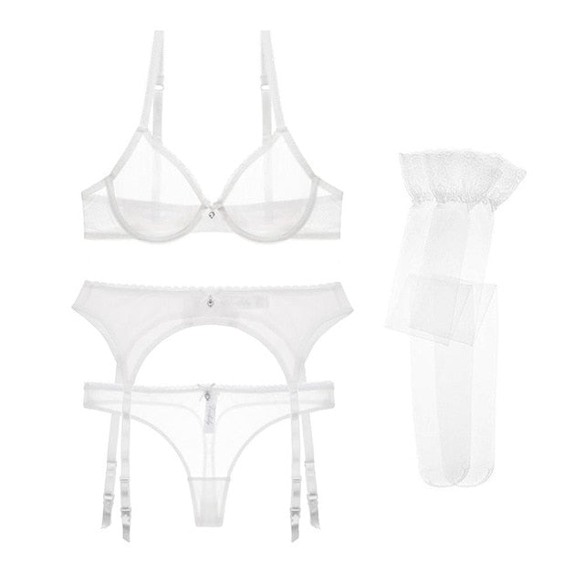 Ultra Thin See-Through 3/4 Cup With Thongs, Garters & Matching Stockings