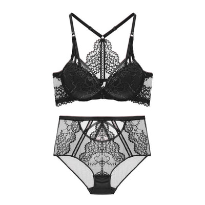 Floral Lace Back With Y-Line Straps And Eyelash Front Clasp Bra And Panty Set
