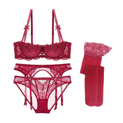 Comfortable Lace Half Cup Bra With Push Up & 4 Pcs Set