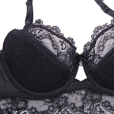 Lacy Lingerie 6 Pc Set With Y-Line Straps + Brassiere + Panties + Garters + Stockings
