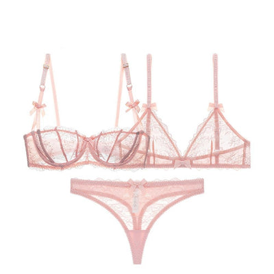Translucent Floral Design Half Cup Bra + Lace bra + Thong