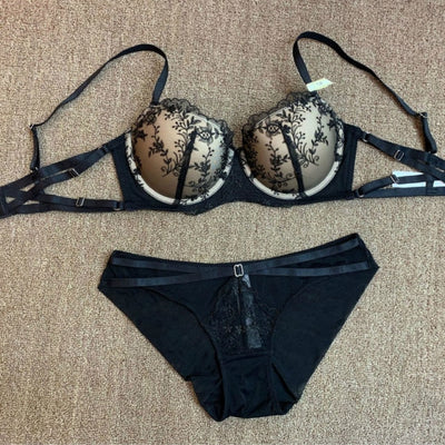 Strappy Flank Sexy Bra & Panties Set With Padded Cup