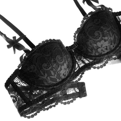 Charming Embroidered Half Cup Brassier + Matching Embroidered Thong + Garter + Stockings 4Pc Set