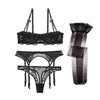 Charming Embroidered Half Cup Brassier + Matching Embroidered Thong + Garter + Stockings 4Pc Set