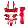 Charming Embroidered Half Cup Brassier + Matching Embroidered Thong + Garter + Stockings 4Pc Set