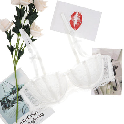 Charming Embroidered Half Cup Brassier + Matching Embroidered Thong + Garter + Stockings 4Pc Set