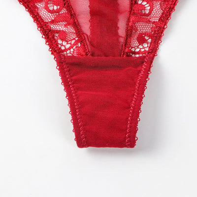 Charming Embroidered Half Cup Brassier + Matching Embroidered Thong + Garter + Stockings 4Pc Set