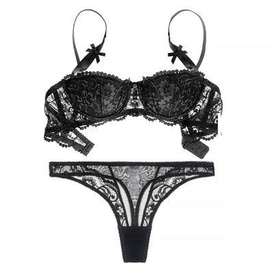 Floral Half Cup Bra With Matching Lace Thong – NaughtyTrove