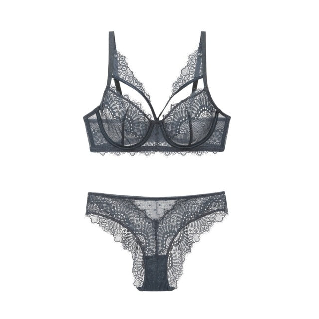 Ornate Bra and Panty Set With Translucent Lace