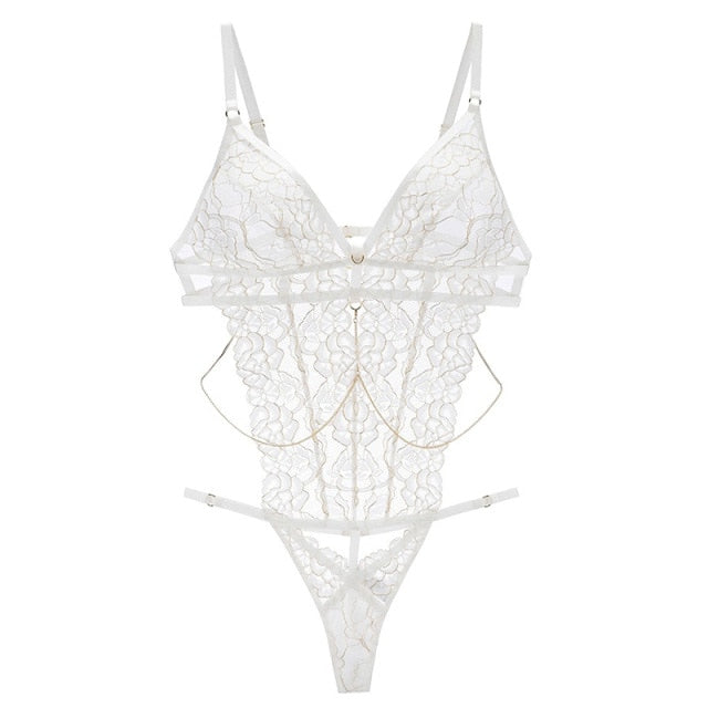 Strappy Floral Lace Thong Style Bodysuit With Metal Chains