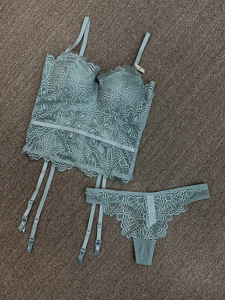 Sexy Floral Push-Up Bustier with 3/4 Cup, Matching Thongs and Garter Straps